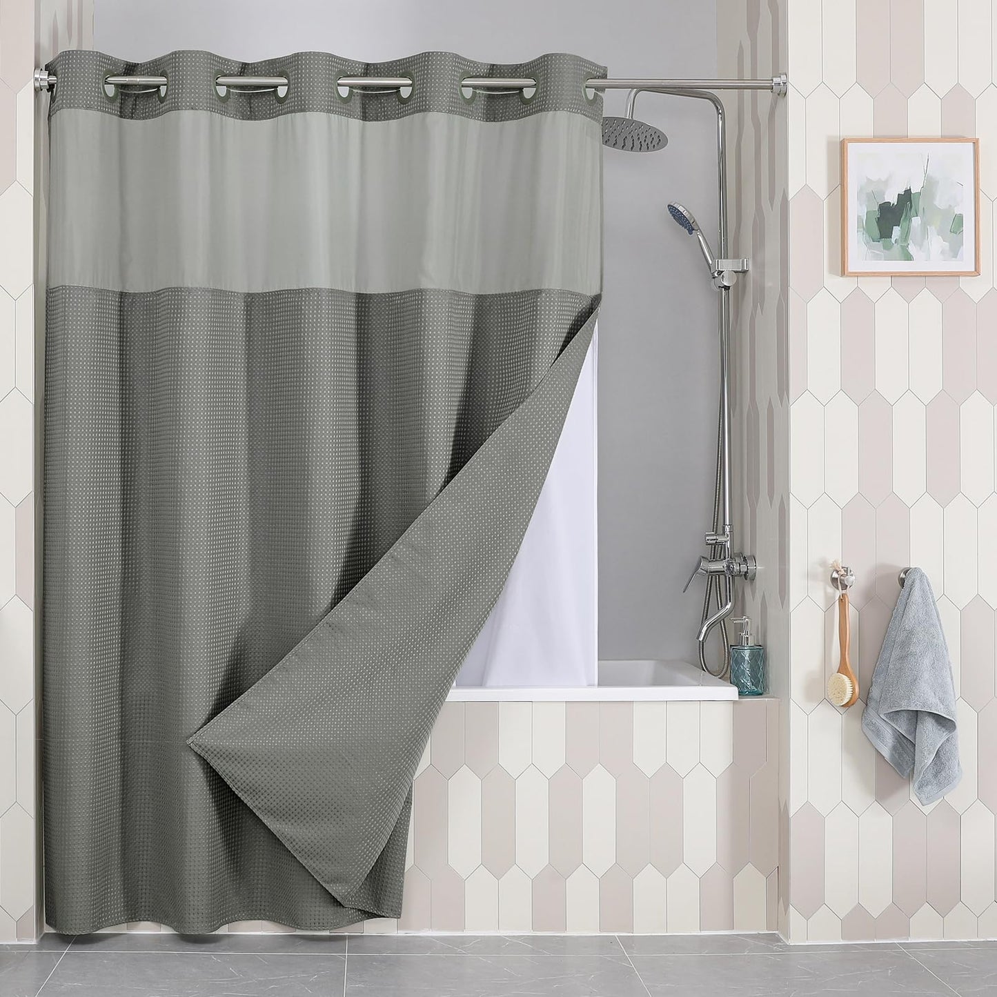 Colorful Star Extra Long Waffle Weave Shower Curtains 256GSM Heavy Duty Shower Curtain with Snap in Fabric Liner Hotel Style No Hook Waterproof Bathroom Curtain Set 72 x 87 Inch Grey
