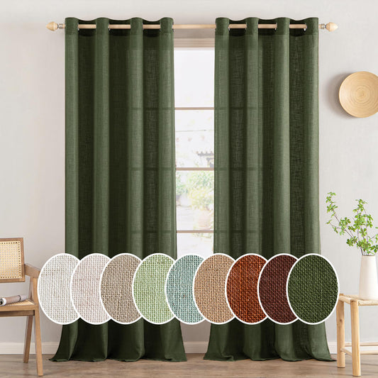 MIULEE Olive Green Linen Curtains 96 Inches Long 2 Panels for Bedroom Living Room Soft Thick Linen Textured Window Drapes Semi Sheer Light Filtering Grommet Top Burlap Look Dark Green Boho Decor